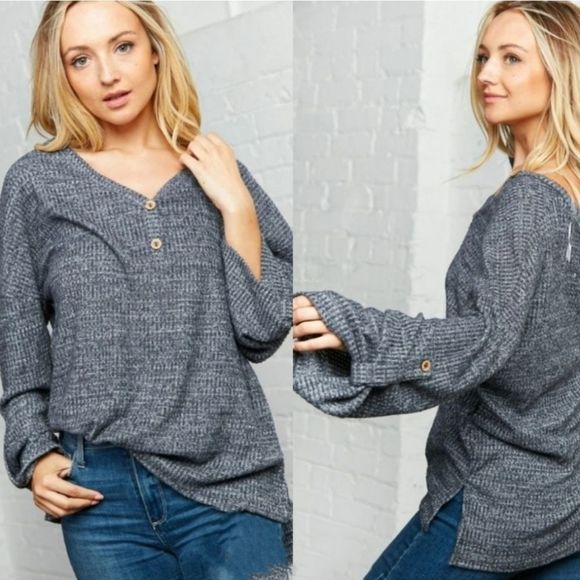 Charcoal Waffle Brushed Button V-Neck Top - Picture 4 of 4